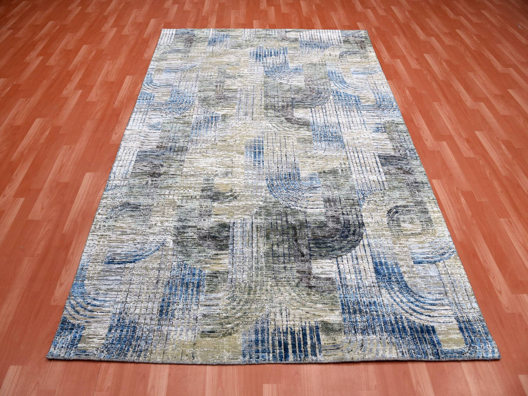 6'0" x 9'0" New Hand Knotted Blue Wool & Silk Rectangle Oriental Rug - MOA10275128