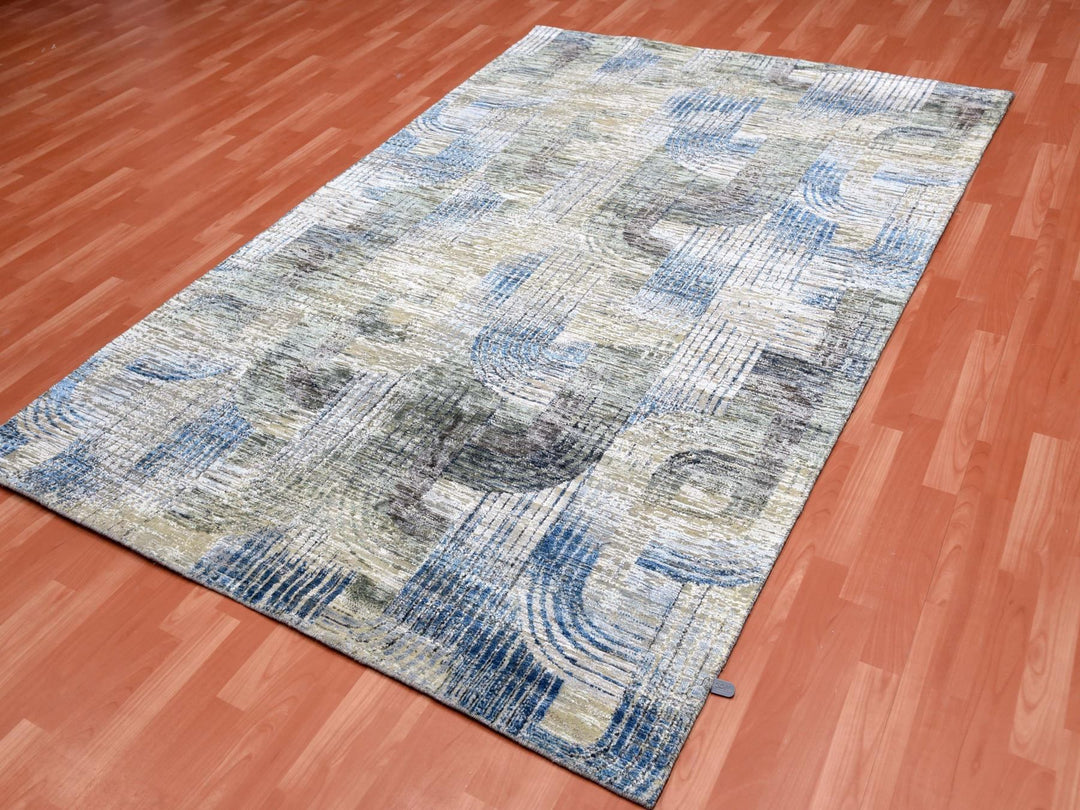 6'0" x 9'0" New Hand Knotted Blue Wool & Silk Rectangle Oriental Rug - MOA10275128