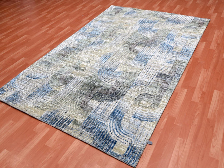 6'0" x 9'0" New Hand Knotted Blue Wool & Silk Rectangle Oriental Rug - MOA10275128