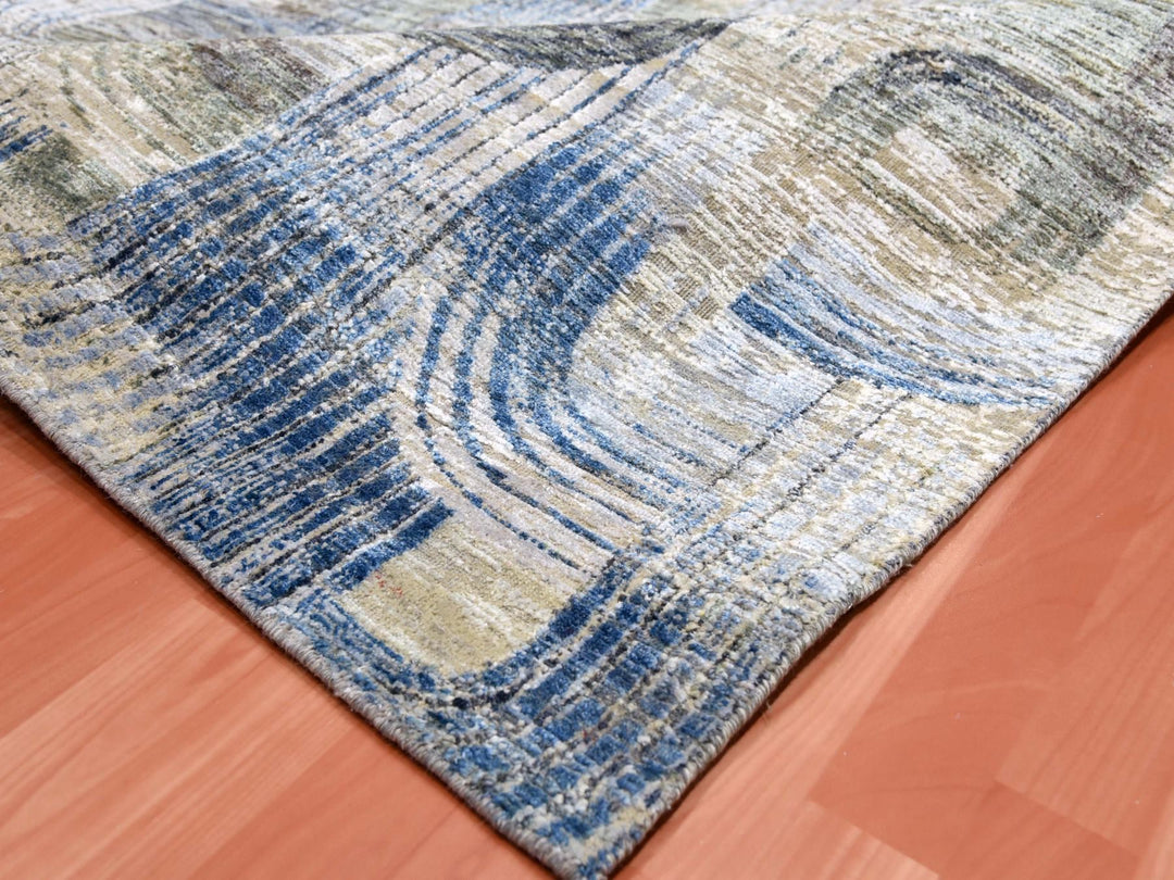 6'0" x 9'0" New Hand Knotted Blue Wool & Silk Rectangle Oriental Rug - MOA10275128
