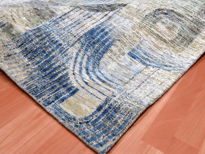 6'0" x 9'0" New Hand Knotted Blue Wool & Silk Rectangle Oriental Rug - MOA10275128