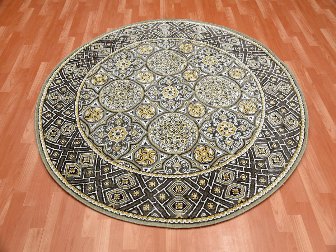 6'2" x 6'2" New Hand Knotted Brown Wool & Pure Silk Round Oriental Rug - MOA10275129