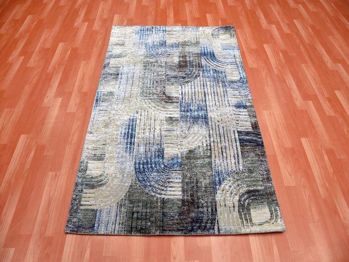 4'0" x 6'1" New Hand Knotted Blue Wool & Silk Rectangle Oriental Rug - MOA10275131