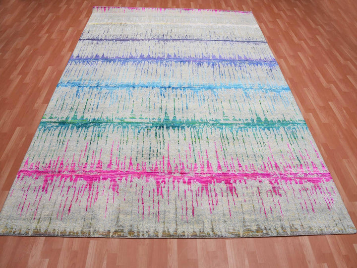 9'1" x 12'0" New Hand Knotted Ivory Wool & Sari Silk Rectangle Oriental Rug - MOA10275174