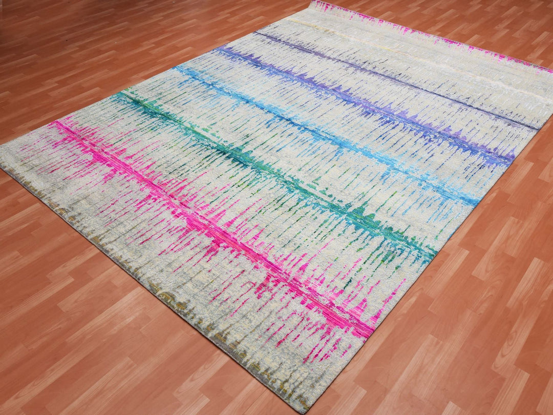 9'1" x 12'0" New Hand Knotted Ivory Wool & Sari Silk Rectangle Oriental Rug - MOA10275174