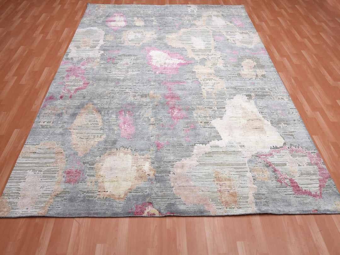 9'0" x 12'1" New Hand Knotted Pink Wool & Silk Rectangle Oriental Rug - MOA10275176