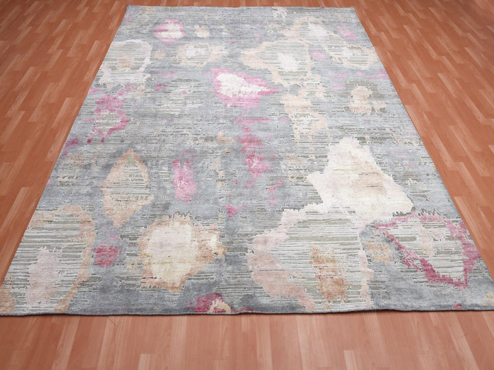 9'0" x 12'1" New Hand Knotted Pink Wool & Silk Rectangle Oriental Rug - MOA10275176