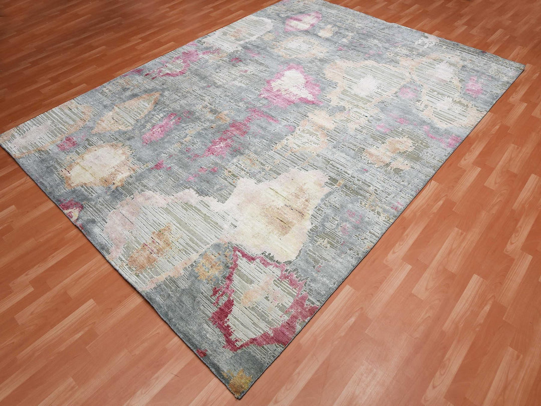 9'0" x 12'1" New Hand Knotted Pink Wool & Silk Rectangle Oriental Rug - MOA10275176