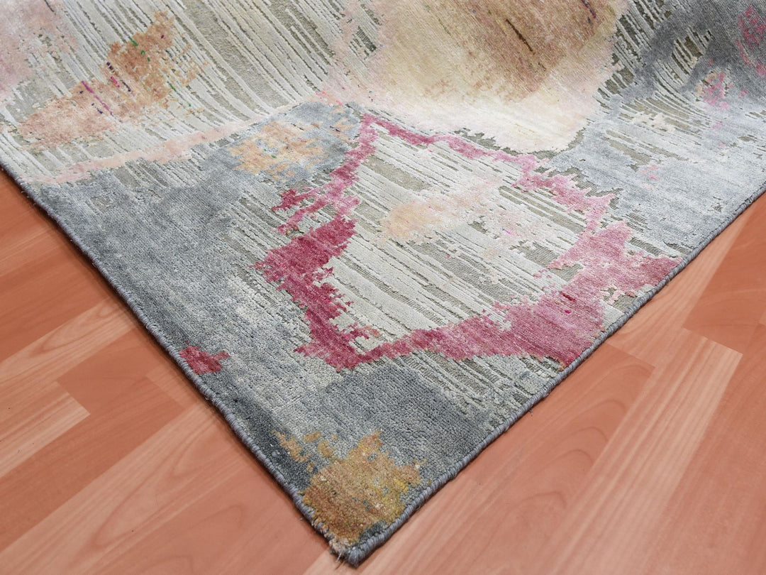 9'0" x 12'1" New Hand Knotted Pink Wool & Silk Rectangle Oriental Rug - MOA10275176