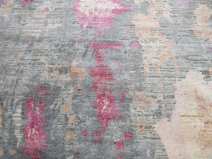 9'0" x 12'1" New Hand Knotted Pink Wool & Silk Rectangle Oriental Rug - MOA10275176