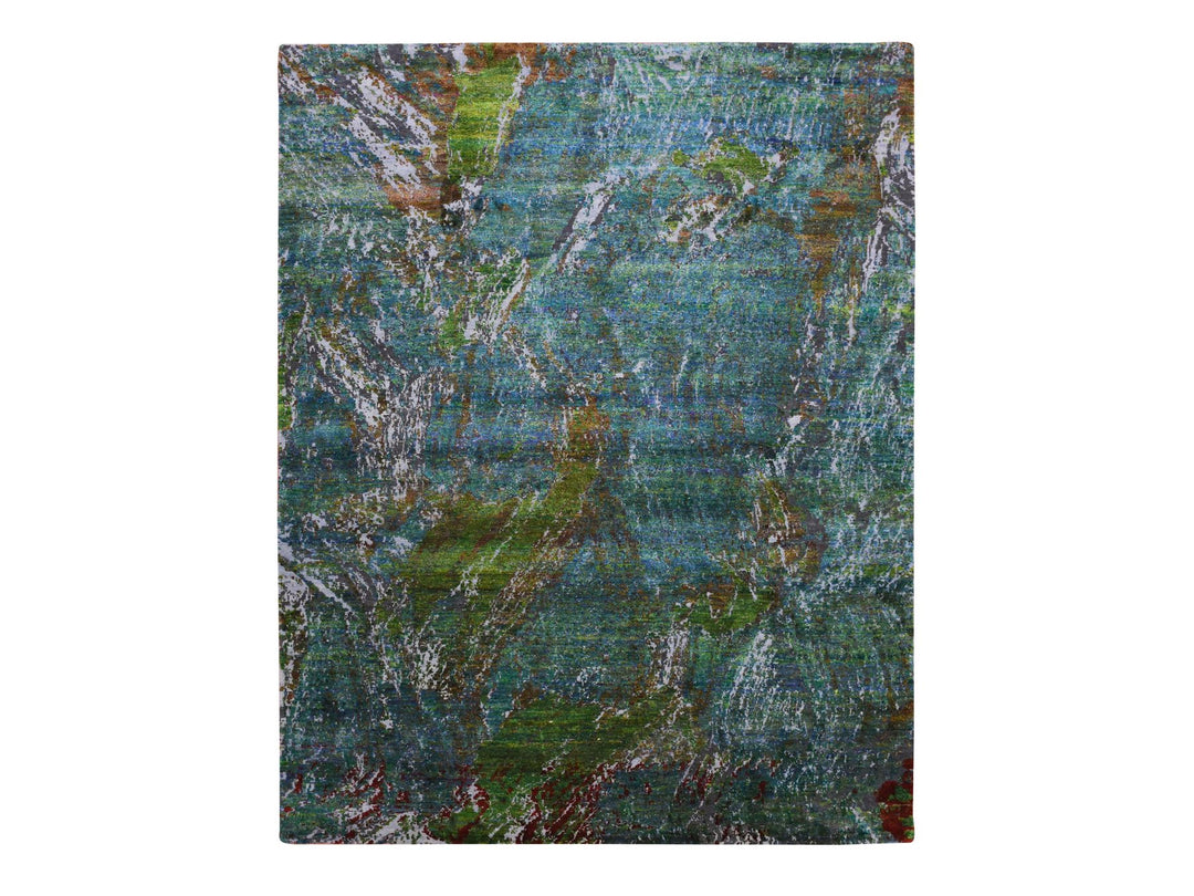 8'0" x 9'10" New Hand Knotted Green Wool & Silk Rectangle Oriental Rug - MOA10275177