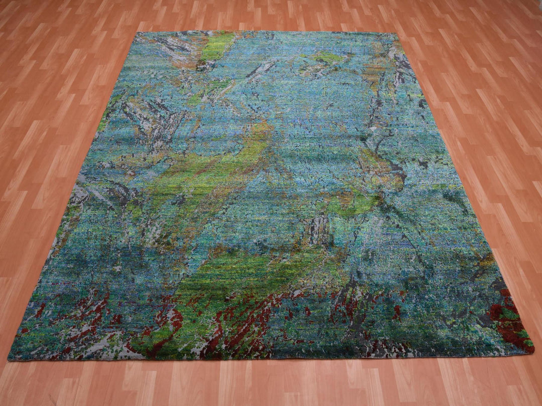 8'0" x 9'10" New Hand Knotted Green Wool & Silk Rectangle Oriental Rug - MOA10275177