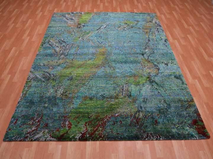 8'0" x 9'10" New Hand Knotted Green Wool & Silk Rectangle Oriental Rug - MOA10275177