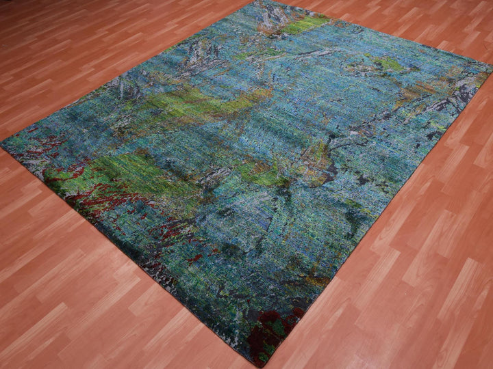 8'0" x 9'10" New Hand Knotted Green Wool & Silk Rectangle Oriental Rug - MOA10275177
