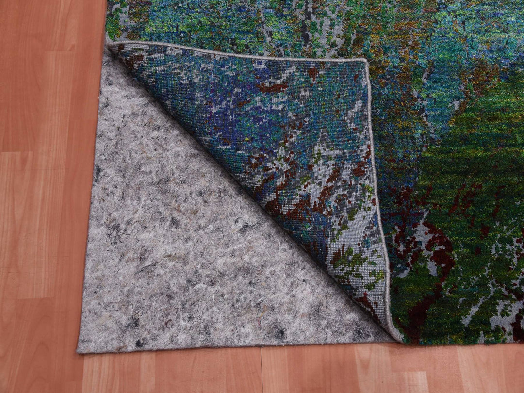 8'0" x 9'10" New Hand Knotted Green Wool & Silk Rectangle Oriental Rug - MOA10275177