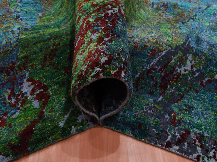 8'0" x 9'10" New Hand Knotted Green Wool & Silk Rectangle Oriental Rug - MOA10275177