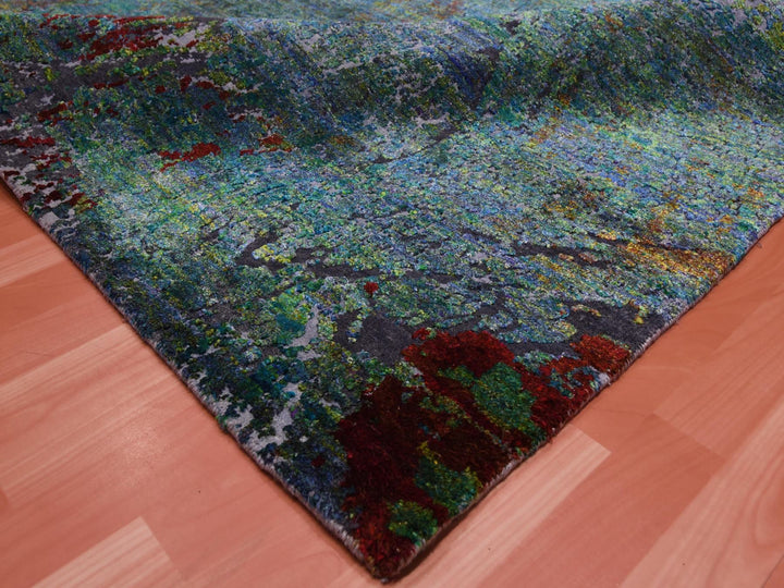 8'0" x 9'10" New Hand Knotted Green Wool & Silk Rectangle Oriental Rug - MOA10275177