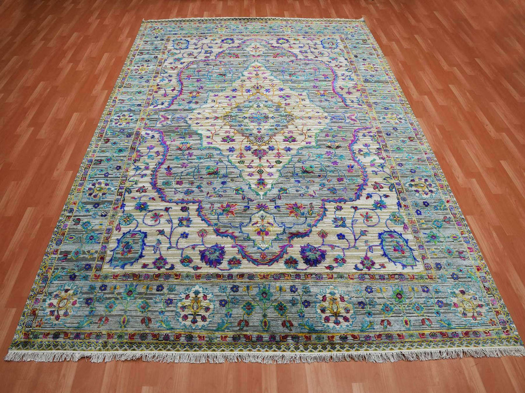 8'8" x 12'0" New Hand Knotted Grey Silk Rectangle Oriental Rug - MOA10275233