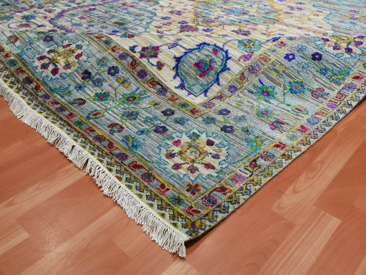 8'8" x 12'0" New Hand Knotted Grey Silk Rectangle Oriental Rug - MOA10275233