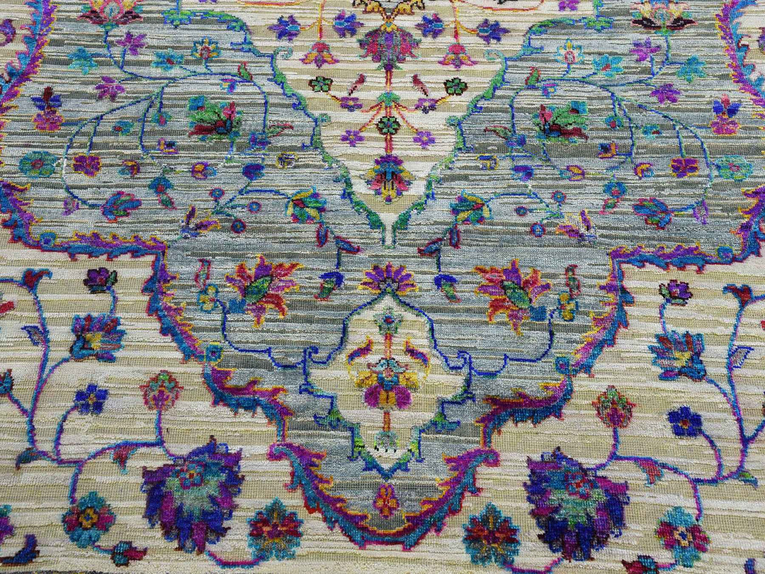 8'8" x 12'0" New Hand Knotted Grey Silk Rectangle Oriental Rug - MOA10275233