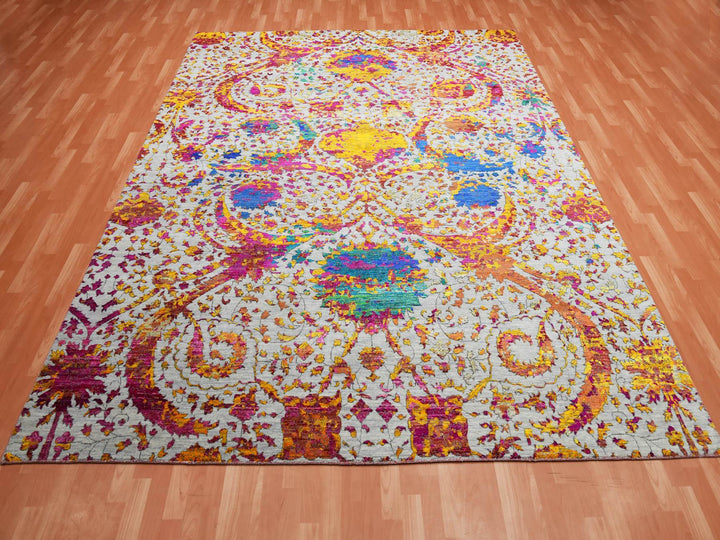 9'0" x 12'0" New Hand Knotted Yellow Wool & Silk Rectangle Oriental Rug - MOA10275243
