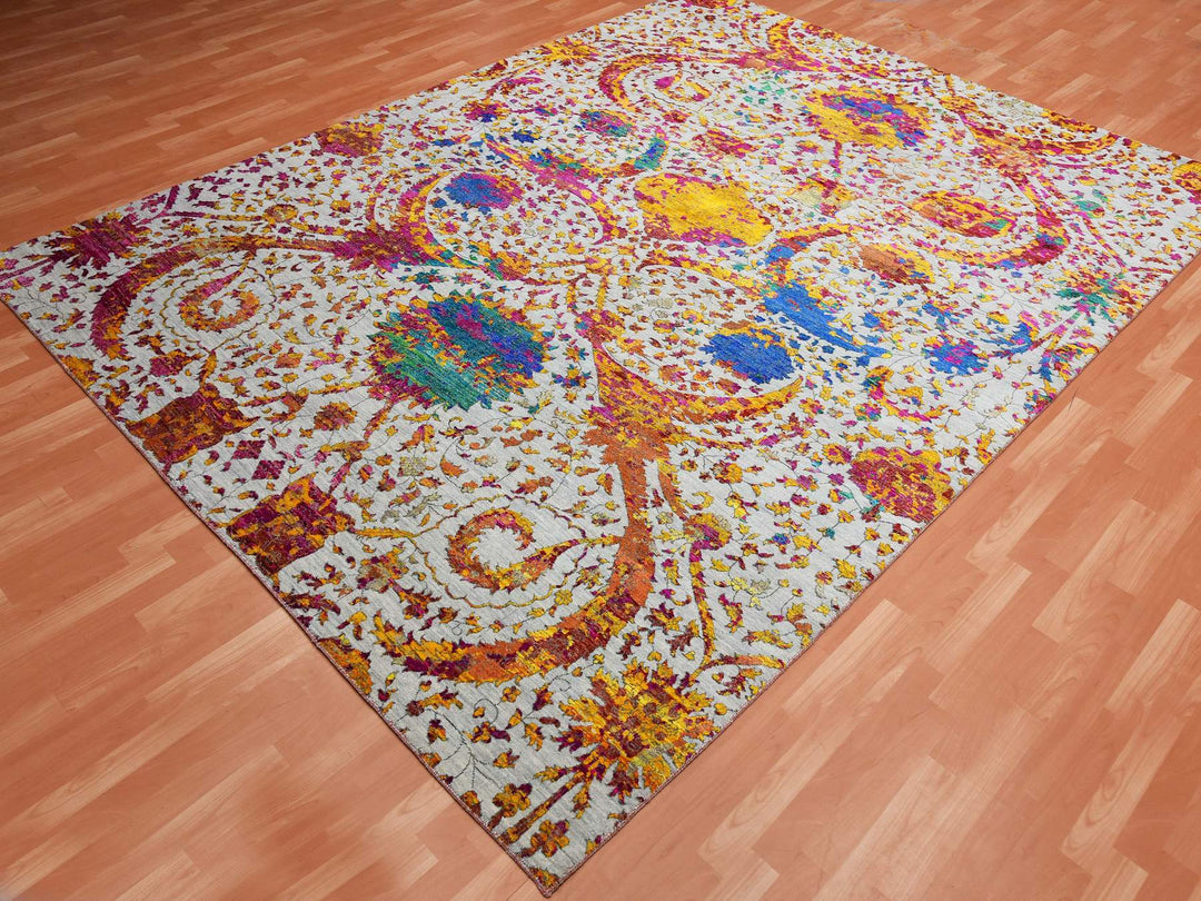 9'0" x 12'0" New Hand Knotted Yellow Wool & Silk Rectangle Oriental Rug - MOA10275243