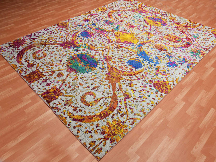 9'0" x 12'0" New Hand Knotted Yellow Wool & Silk Rectangle Oriental Rug - MOA10275243