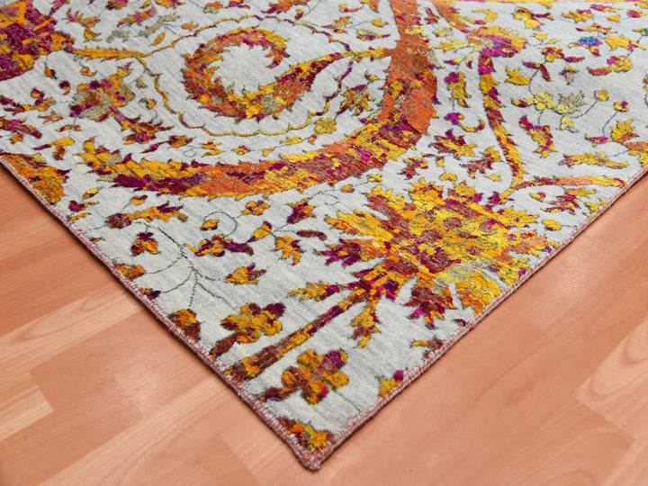 9'0" x 12'0" New Hand Knotted Yellow Wool & Silk Rectangle Oriental Rug - MOA10275243
