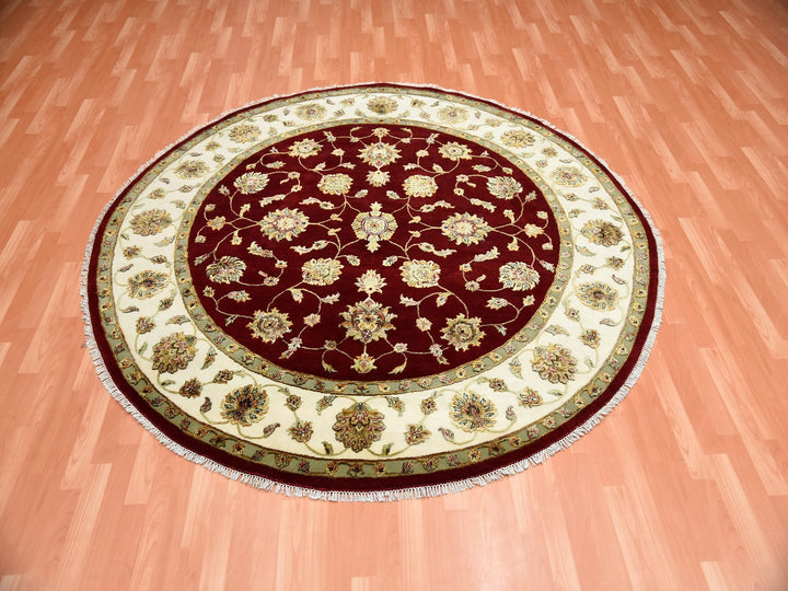 8'0" x 7'10" New Hand Knotted Red Wool & Silk Round Oriental Rug - MOA10275273