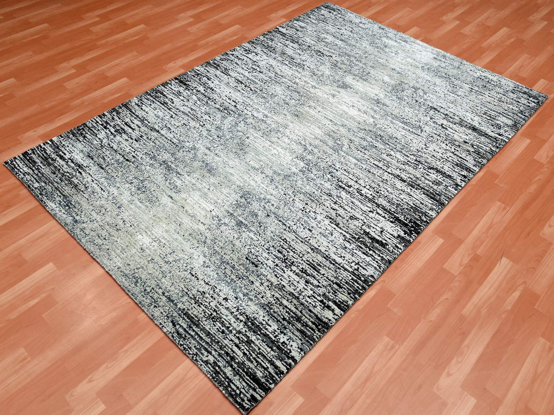 6'0" x 9'0" New Hand Knotted Black Wool & Silk Rectangle Oriental Rug - MOA10275285