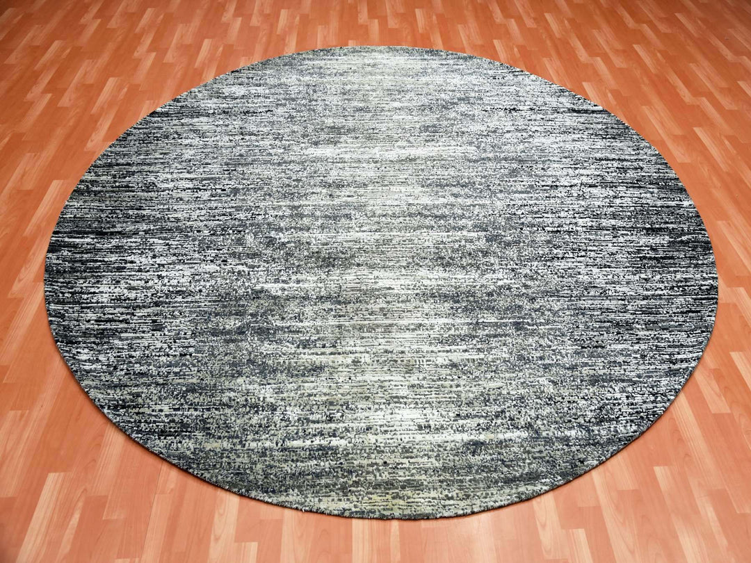 10'0" x 10'0" New Hand Knotted Black Wool & Silk Round Oriental Rug - MOA10275286