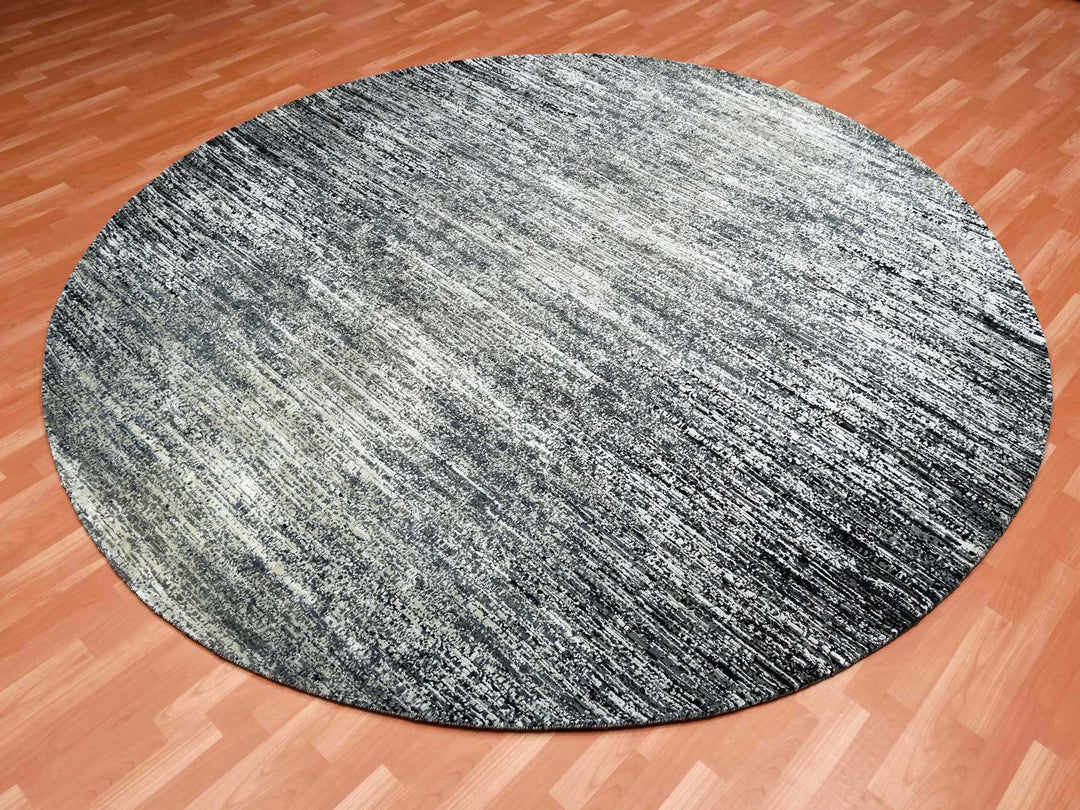 10'0" x 10'0" New Hand Knotted Black Wool & Silk Round Oriental Rug - MOA10275286