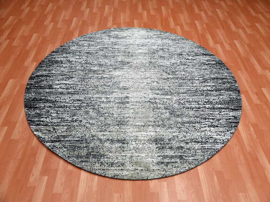 8'0" x 8'0" New Hand Knotted Black Wool & Silk Round Oriental Rug - MOA10275287