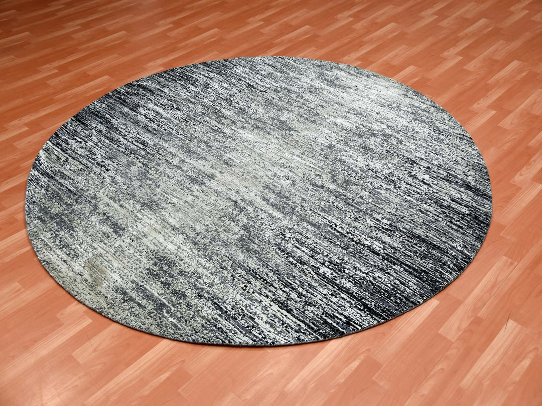 8'0" x 8'0" New Hand Knotted Black Wool & Silk Round Oriental Rug - MOA10275287