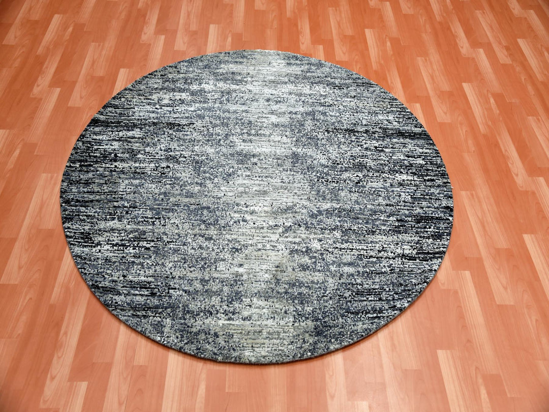 6'0" x 6'0" New Hand Knotted Black Wool & Silk Round Oriental Rug - MOA10275288