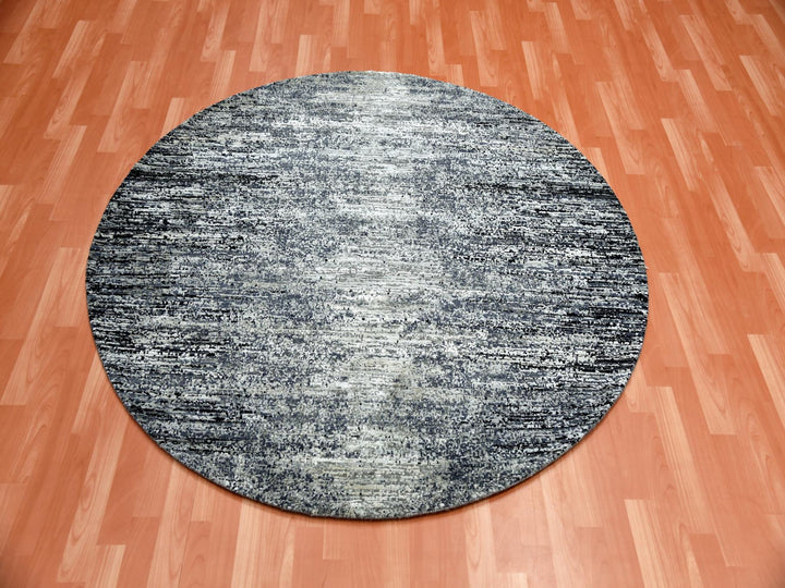6'0" x 6'0" New Hand Knotted Black Wool & Silk Round Oriental Rug - MOA10275288