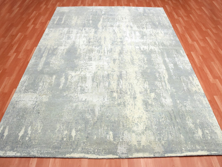 9'0" x 12'1" New Hand Knotted Grey Wool & Silk Rectangle Oriental Rug - MOA10275289