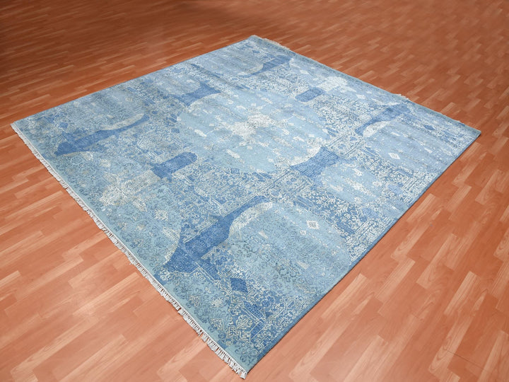10'0" x 10'2" New Hand Knotted Blue Wool & Pure Silk Square Oriental Rug - MOA10275291