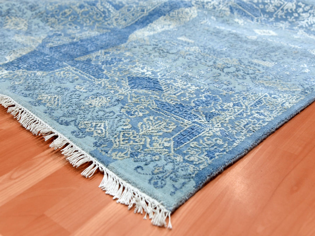 10'0" x 10'2" New Hand Knotted Blue Wool & Pure Silk Square Oriental Rug - MOA10275291