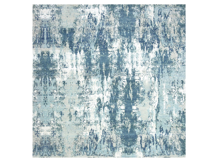 10'1" x 10'0" New Hand Knotted Blue Wool & Silk Square Oriental Rug - MOA10275292