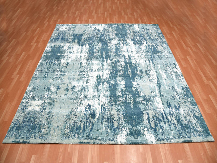 10'1" x 10'0" New Hand Knotted Blue Wool & Silk Square Oriental Rug - MOA10275292