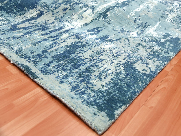 10'1" x 10'0" New Hand Knotted Blue Wool & Silk Square Oriental Rug - MOA10275292