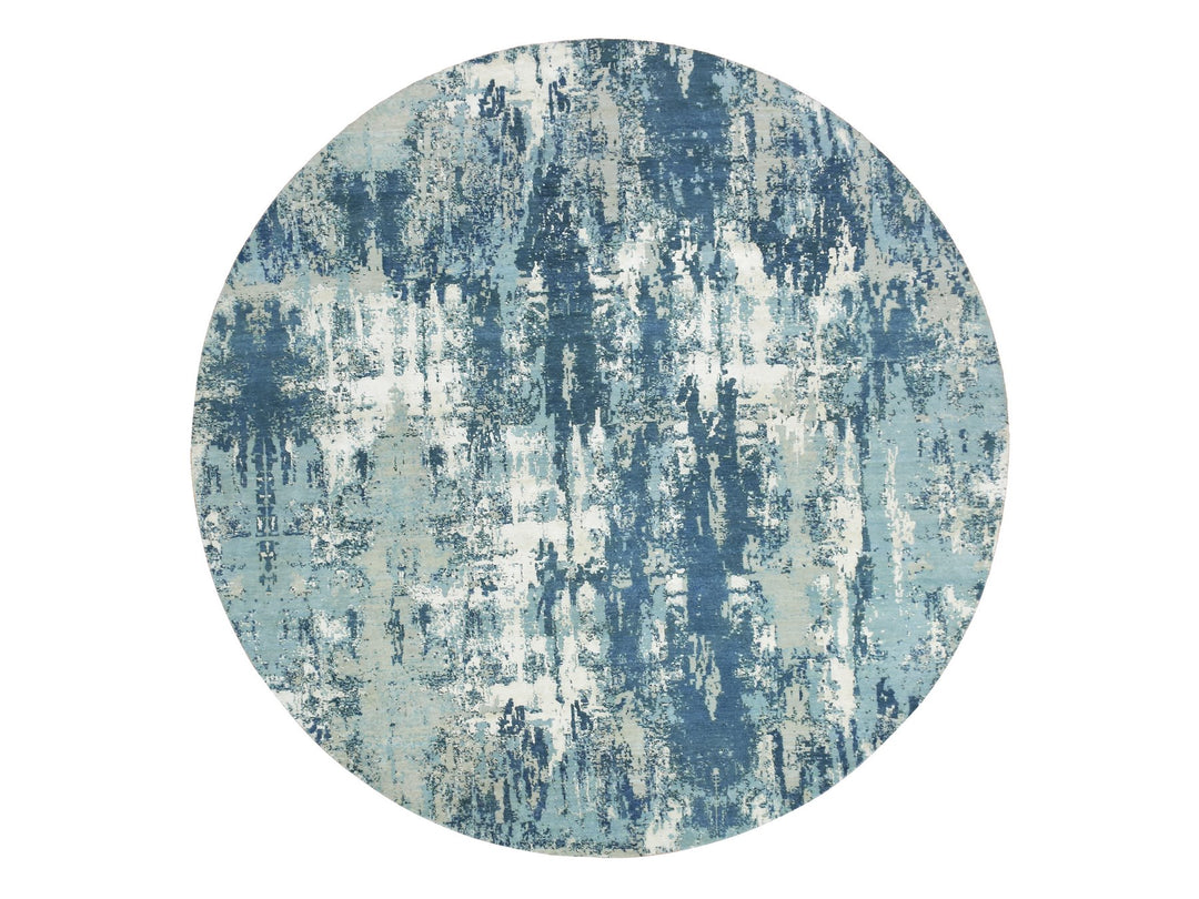 9'0" x 9'0" New Hand Knotted Blue Wool & Silk Round Oriental Rug - MOA10275293