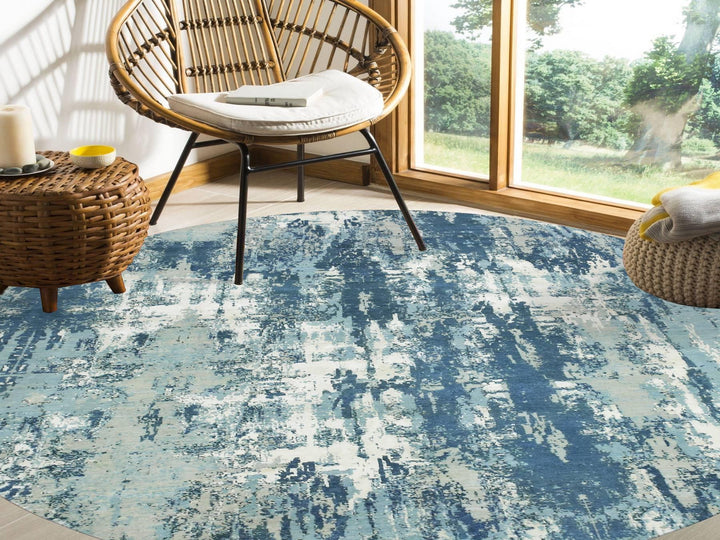 9'0" x 9'0" New Hand Knotted Blue Wool & Silk Round Oriental Rug - MOA10275293