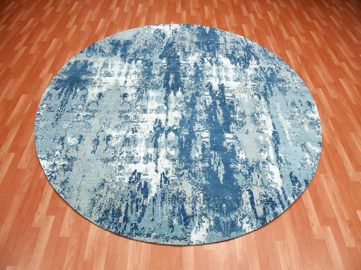 9'0" x 9'0" New Hand Knotted Blue Wool & Silk Round Oriental Rug - MOA10275293