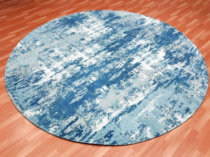9'0" x 9'0" New Hand Knotted Blue Wool & Silk Round Oriental Rug - MOA10275293
