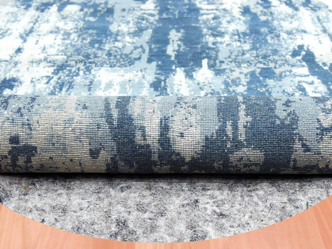 9'0" x 9'0" New Hand Knotted Blue Wool & Silk Round Oriental Rug - MOA10275293