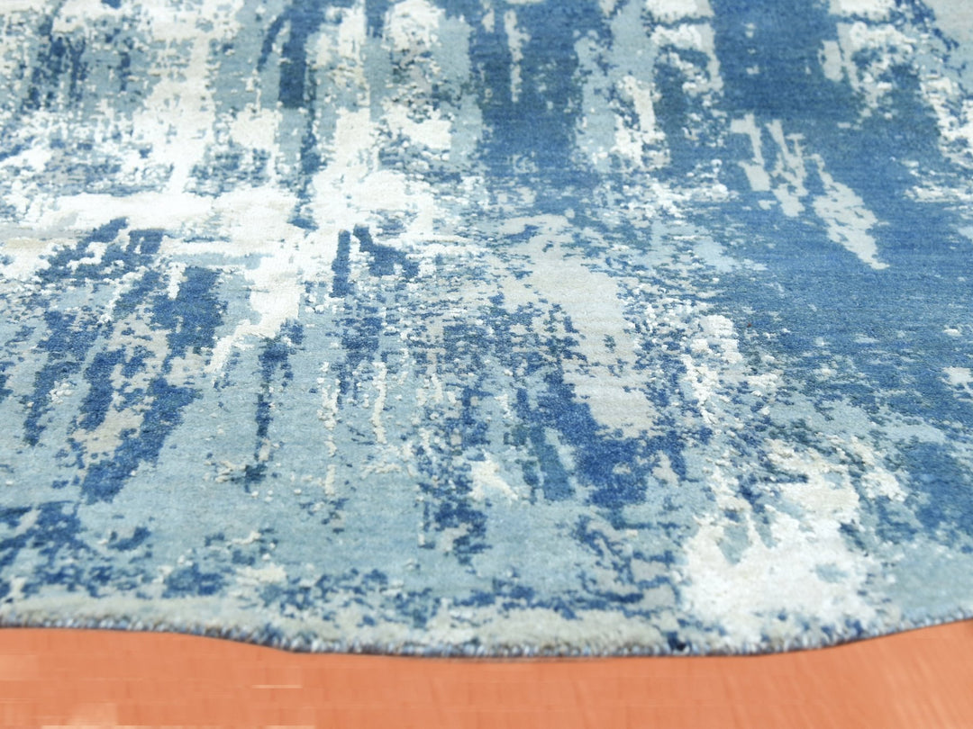 9'0" x 9'0" New Hand Knotted Blue Wool & Silk Round Oriental Rug - MOA10275293