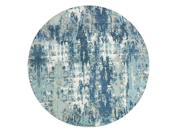 7'1" x 7'1" New Hand Knotted Blue Wool & Silk Round Oriental Rug - MOA10275294