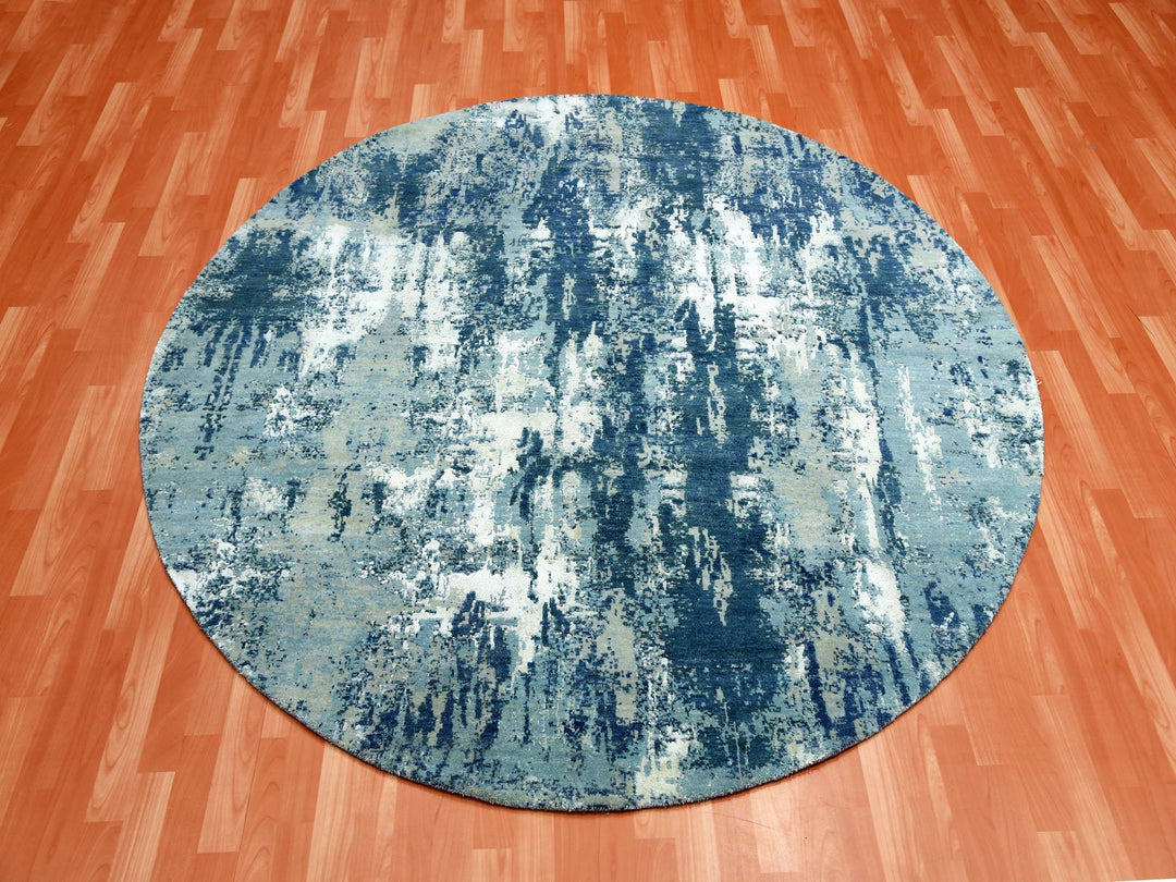 7'1" x 7'1" New Hand Knotted Blue Wool & Silk Round Oriental Rug - MOA10275294